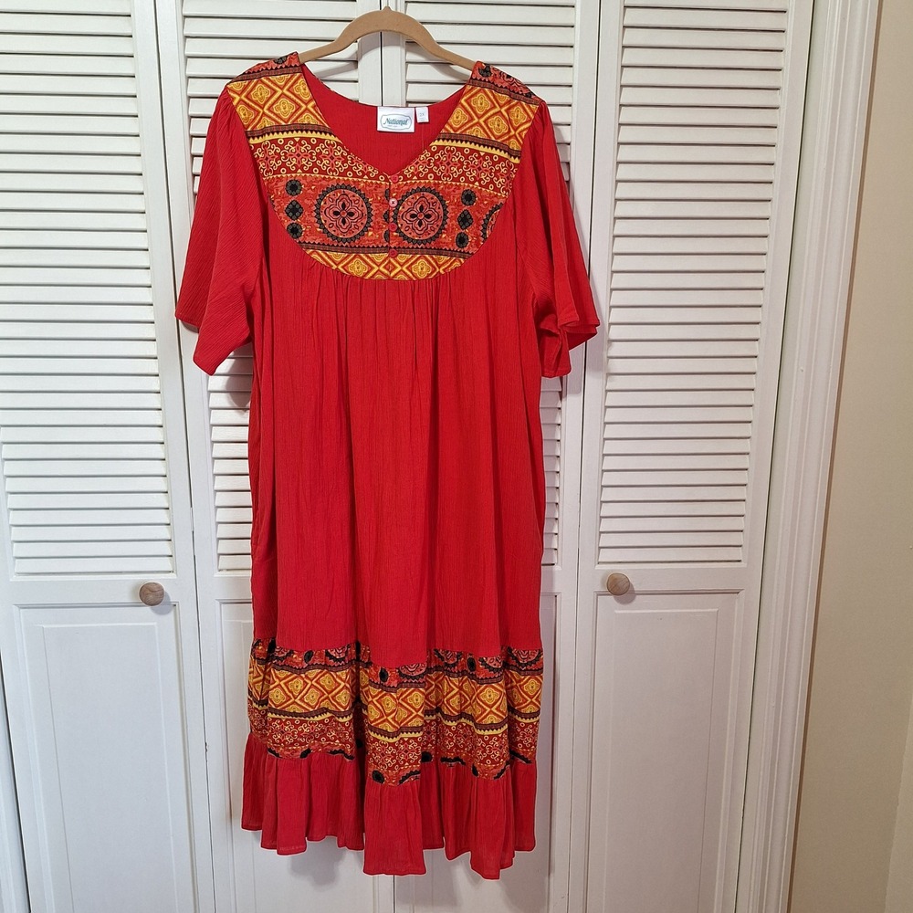 National Red Boho Crinkle Gauze Lounger Dress Plus Size 2X Tiered Midi Pockets